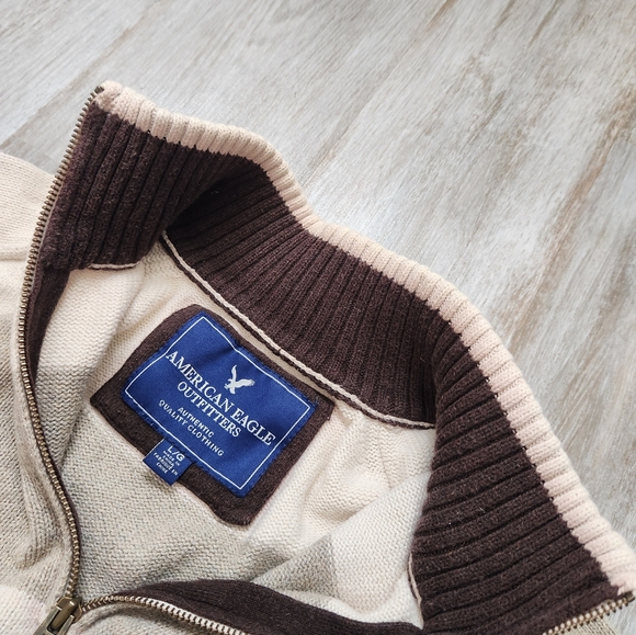 American Eagle Heavyweight 1/4 Zip Sweater Creme Gray Stripe Knit High Neck Sz L - Picture 8 of 13